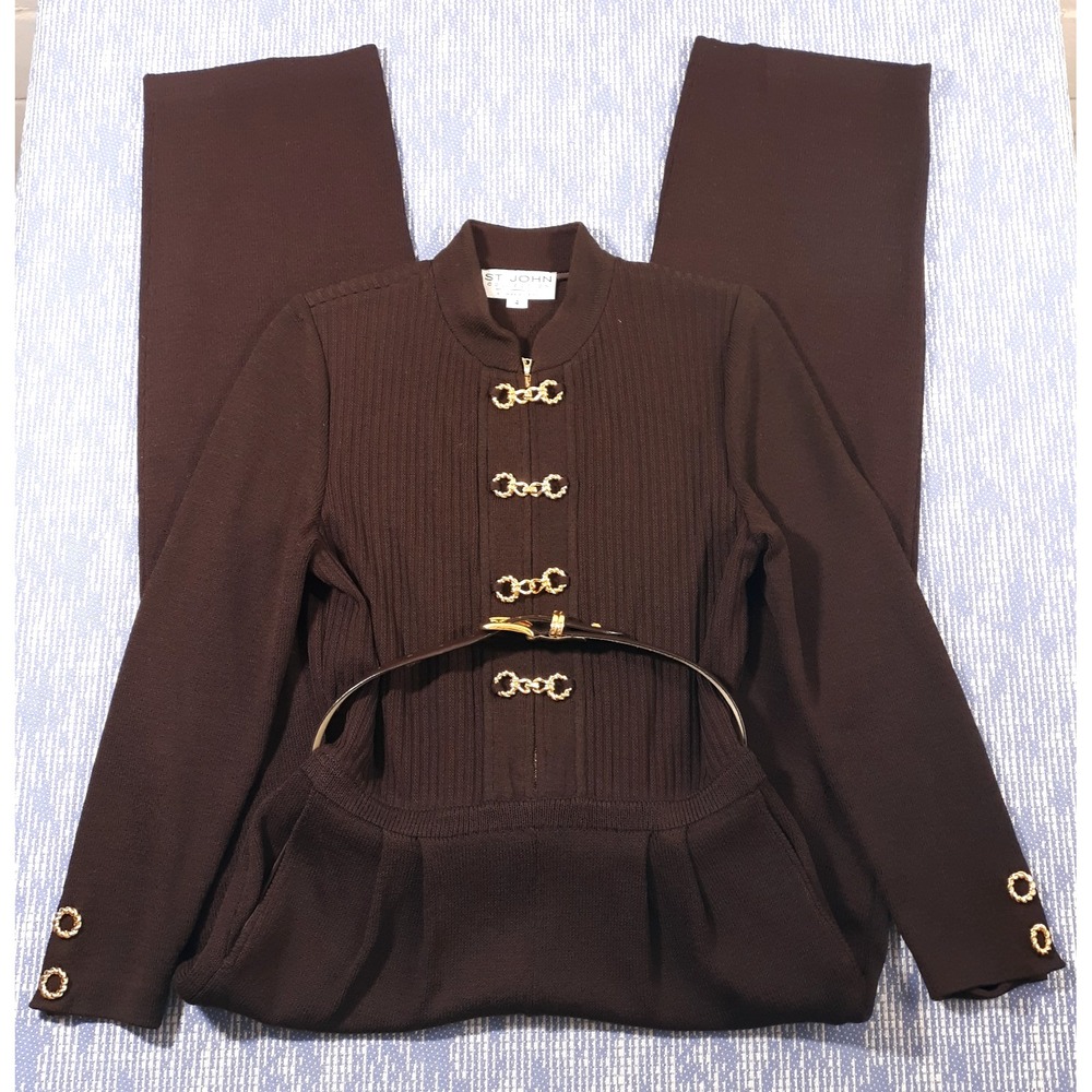 ST. JOHN Collection By Marie Gray Knit One Pc Jumpsuit Womens Size 4 Belted